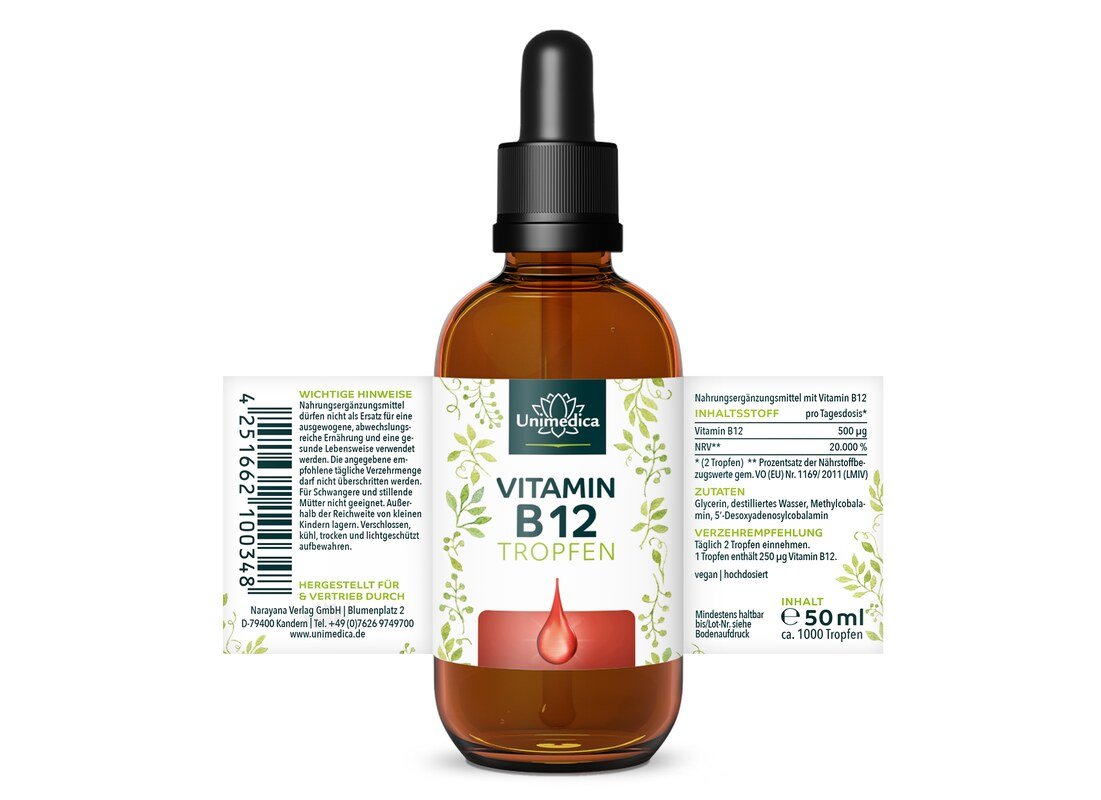 Vitamin B12 Tropfen - mit 500 µg Vitamin B12 pro Tagesdosis (2 Tropfen) -  ohne Alkohol -  VEGAN - 50 ml - von Unimedica