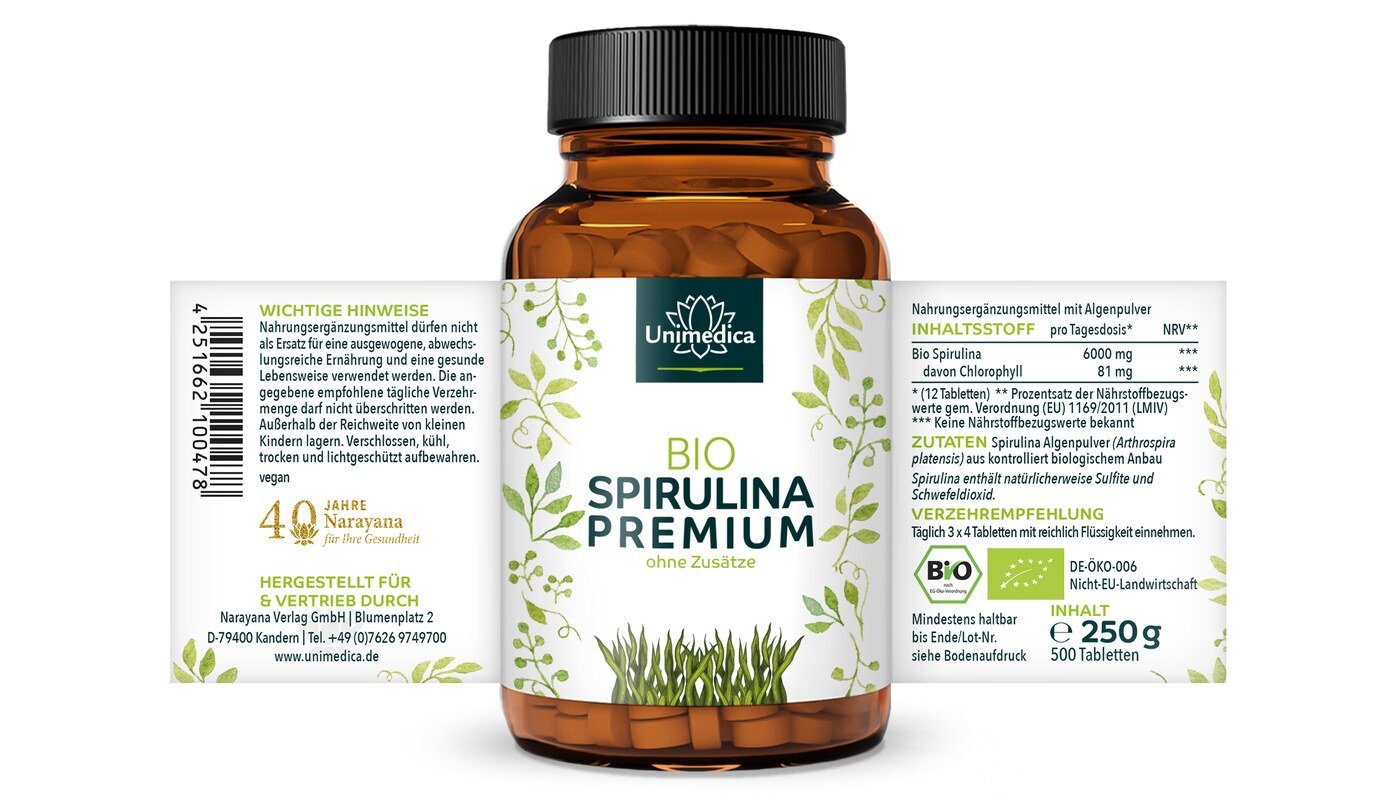 Bio Spirulina Premium - 6000 mg pro Tagesdosis (3 x 4 Tabletten) -  hochdosiert - 500 Tabletten - von Unimedica
