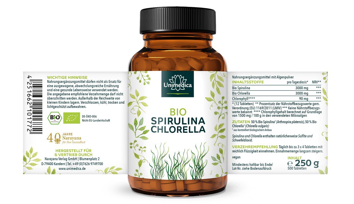 2er-Sparset: Bio Spirulina und Bio Chlorella - jeweils 3.000 mg pro Tagesdosis (3 x 4 Tabletten) - im Verhältnis 1 : 1 - 2 x 500 Tabletten - von Unimedica