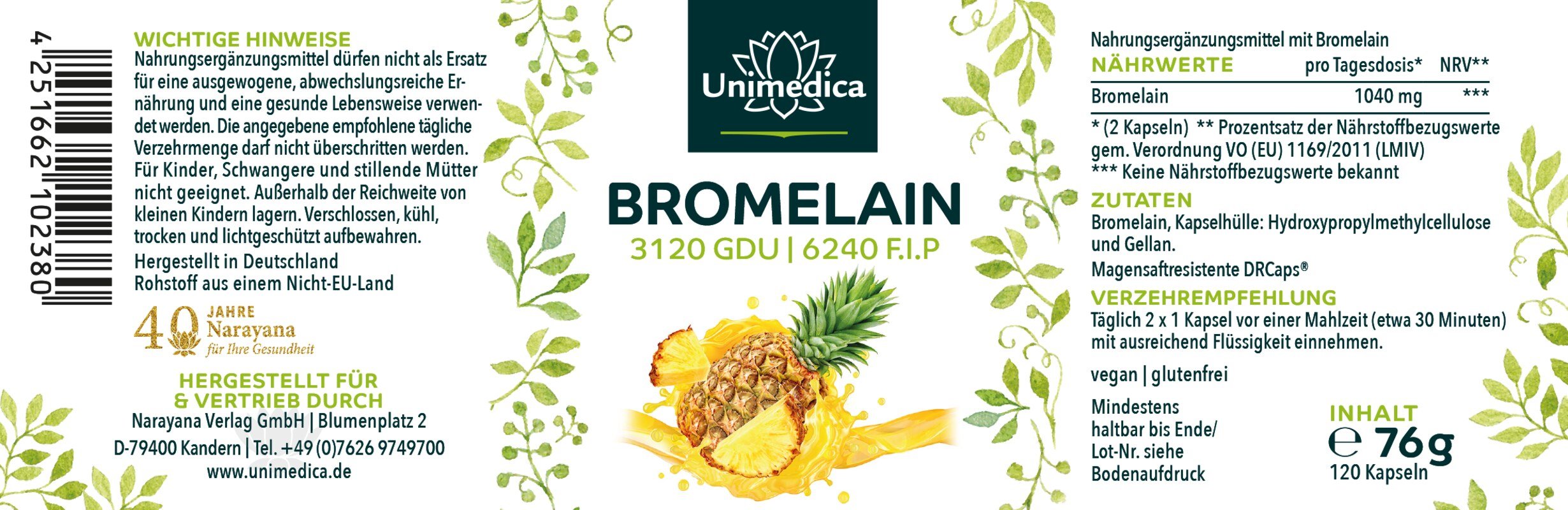 Bromelain - 1040 mg und 3.120 GDU | 6.240 F.I.P. pro Tagesdosis (2 Kapseln) - mit magensaftresistenten DR® Caps - 120 Kapseln - von Unimedica