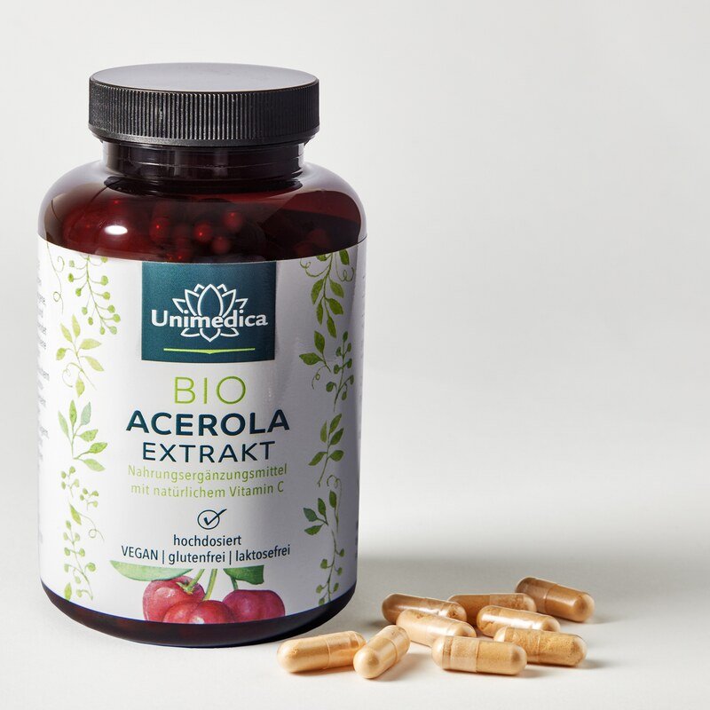 Natürliches Vitamin C - Bio Acerola Extrakt - davon 160 mg Vitamin C - 180 Kapseln - von Unimedica