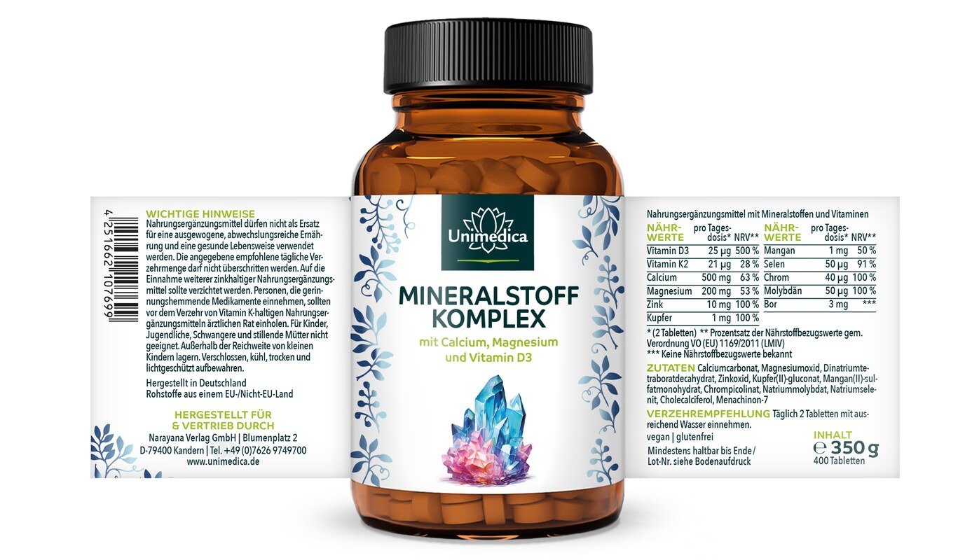 Mineralstoff Komplex - mit Calcium, Magnesium und Vitamin D3 - 400 Tabletten - von Unimedica