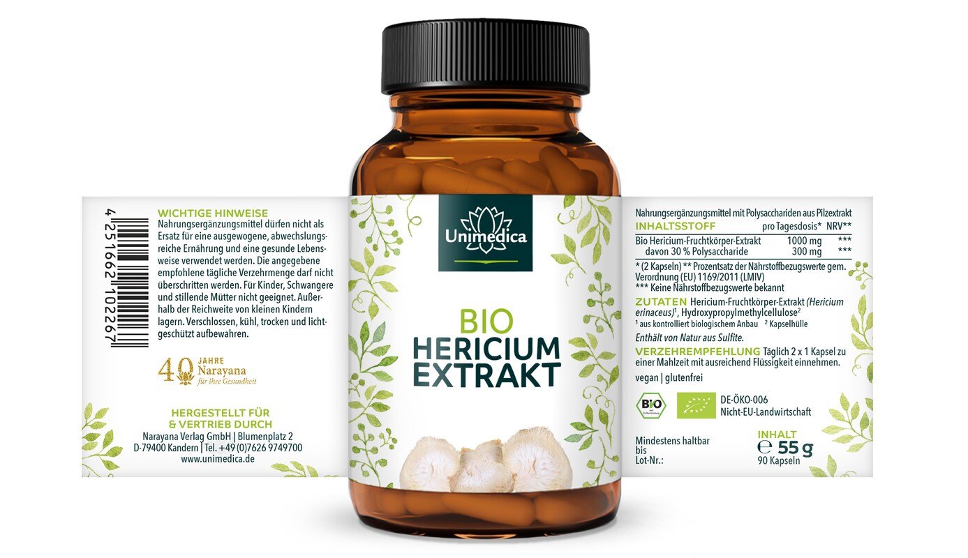 Bio Hericium Extrakt - Löwenmähne - 1.000 mg pro Tagesdosis (2 Kapseln) - mit 30 % Polysacchariden - 90 Kapseln - von Unimedica