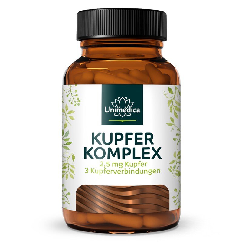 Kupfer Komplex - 2,5 mg pro Tagesdosis (1 Kapsel) - mit 3 Kupferverbindungen - 120 Kapseln - von Unimedica