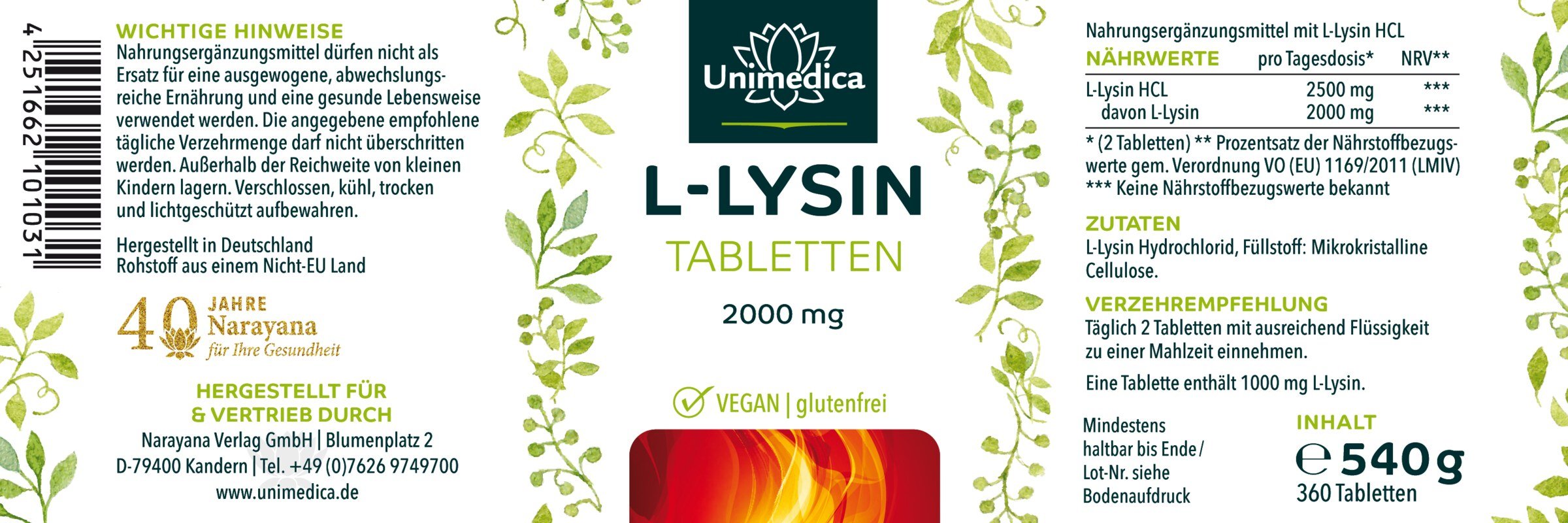 L-Lysin HCl - 2.000 mg pro Tagesdosis (2 Tabletten) - 360 Tabletten - von Unimedica