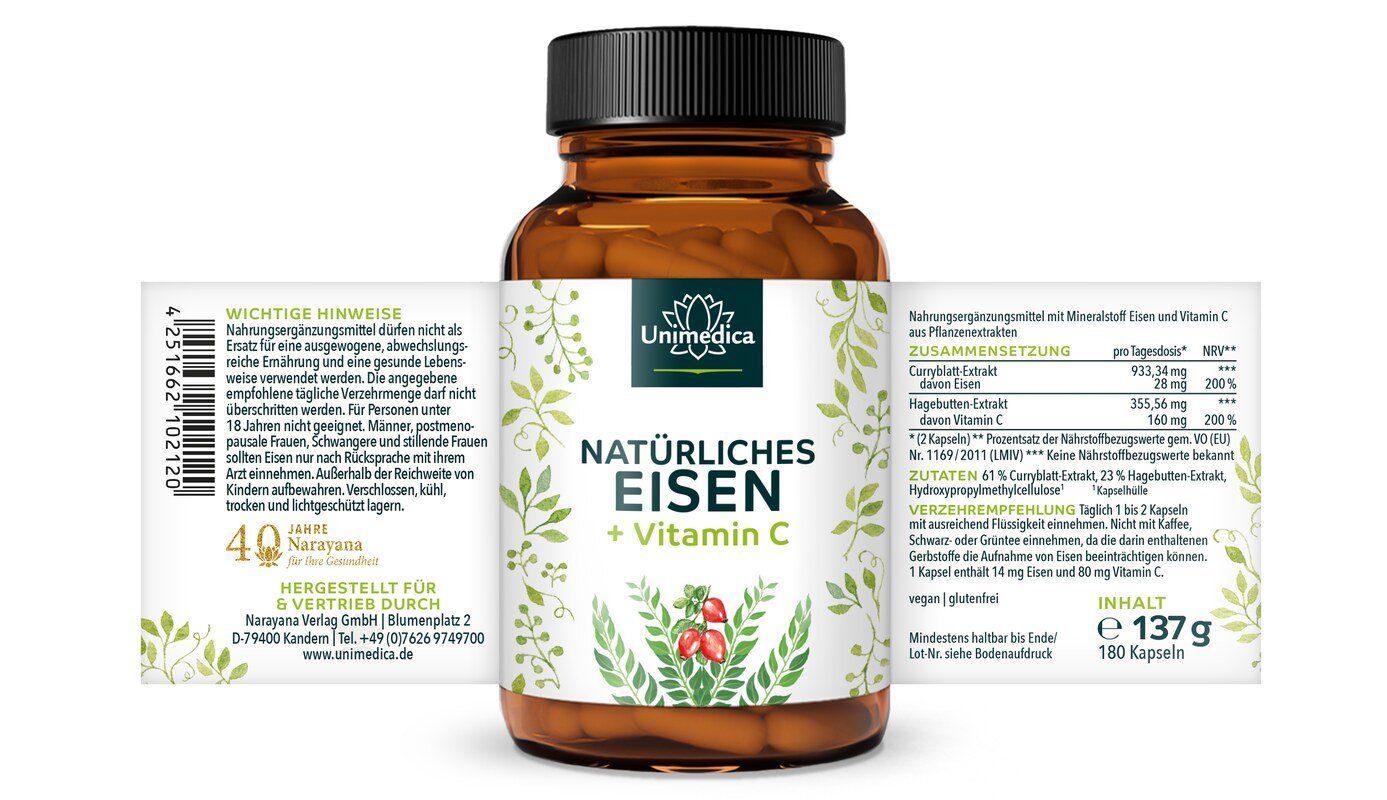2er-Sparset: Natürliches Eisen aus Curryblatt Extrakt + Vitamin C aus Hagebutten Extrakt - 28 mg Eisen + 160 mg Vitamin C pro Tagesdosis (2 Kapseln) - 2 x 180 Kapseln - von Unimedica