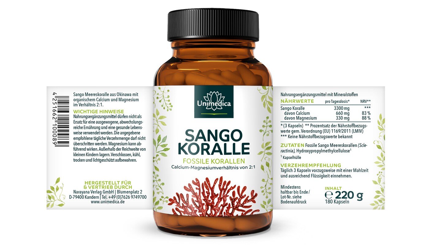 Sango Koralle - fossile Korallen aus Okinawa (Japan) - 3.300 mg pro Tagesdosis (3 Kapseln) - 180 Kapseln - von Unimedica