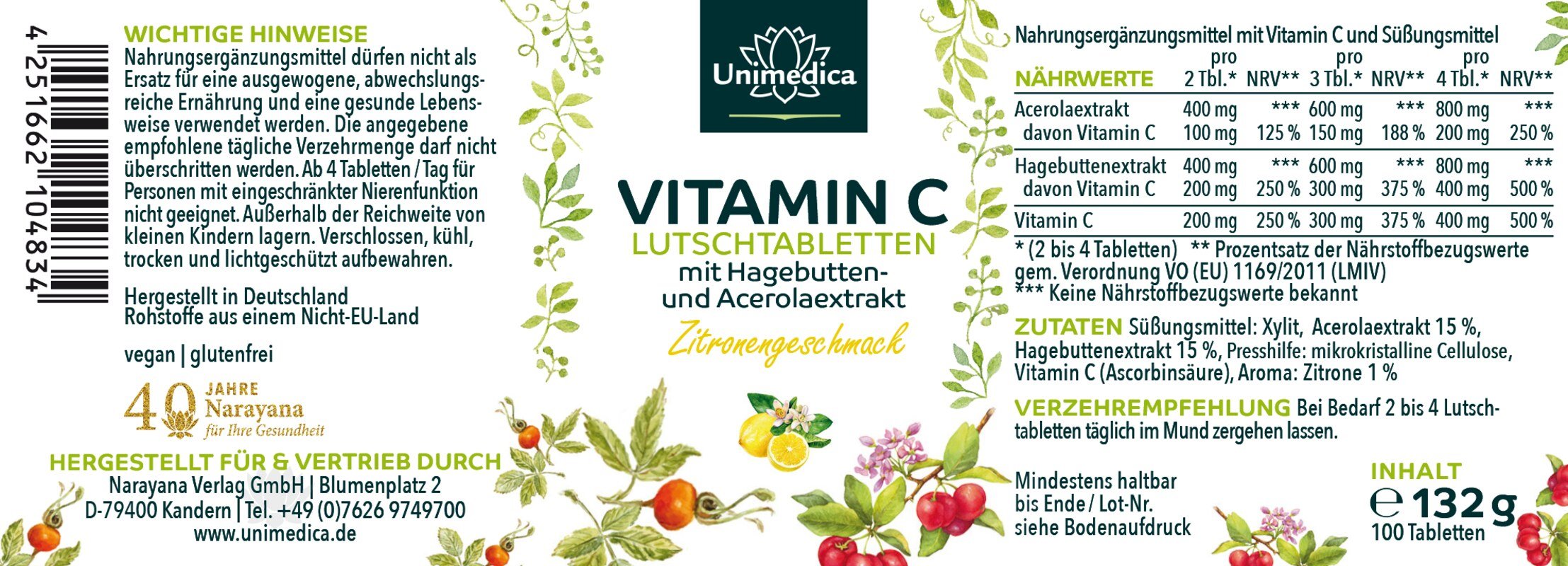 Vitamin C Lutschtabletten - mit Hagebutten- und Acerolaextrakt - 250 mg Vitamin C pro Tablette - Zitronengeschmack - 100 Lutschtabletten - von Unimedica