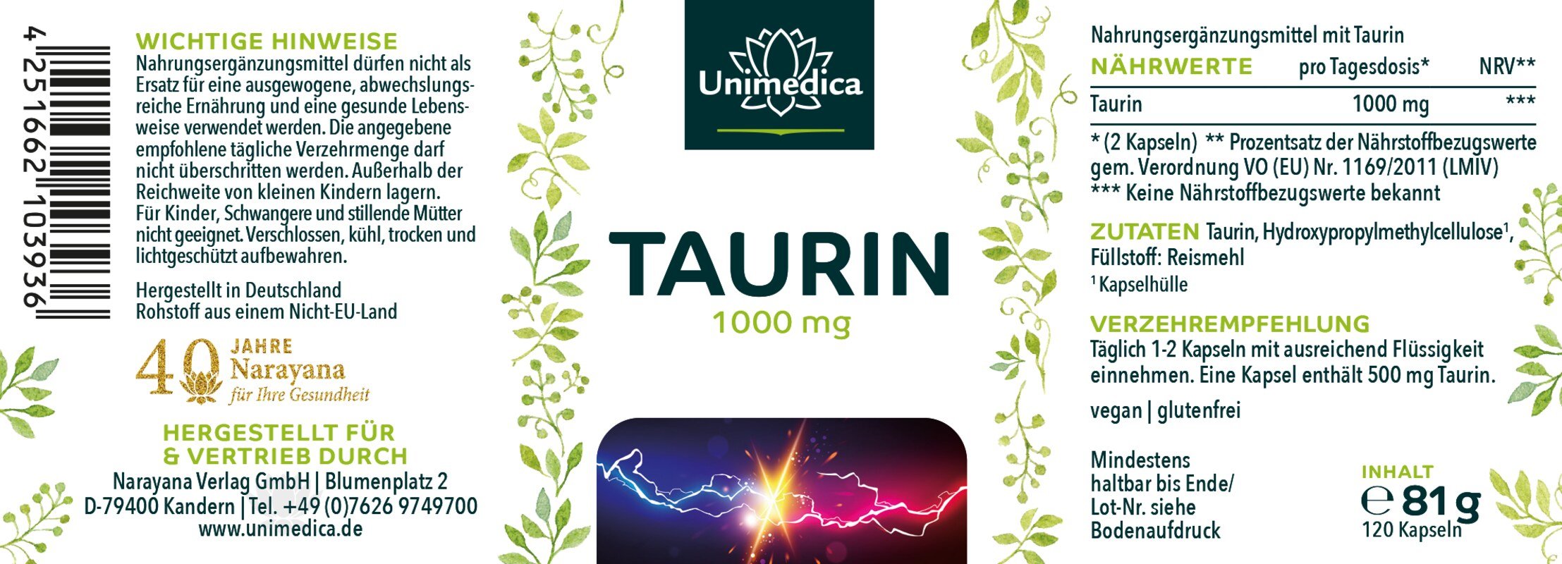 2er-Sparset: Taurin - 1000 mg pro Tagesdosis (2 Kapseln) - 2 x 120 Kapseln - Taurine - von Unimedica