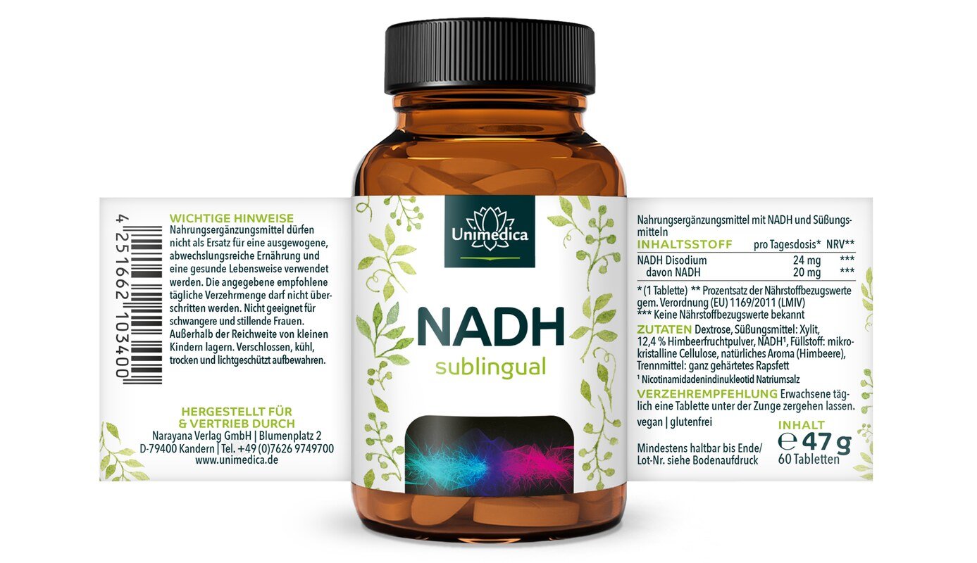 2er-Sparset: NADH sublingual - 20 mg pro Tagesdosis (1 Tablette) - 2 x 60 Tabletten - von Unimedica
