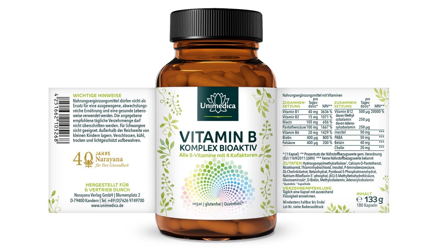 2er-Sparset: Vitamin B Komplex - bioaktiv - mit 4 Kofaktoren - hochdosiert - 2 x 180 Kapseln - von Unimedica