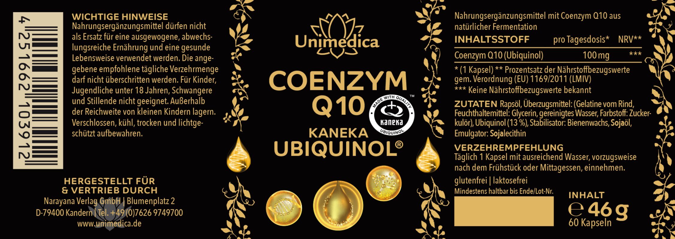 Coenzym Q10 Ubiquinol - Premium-Wirkstoff vom Marktführer KANEKA aus Japan - 100 mg pro Tagesdosis (1 Kapsel) - 60 Softgelkapseln - von Unimedica
