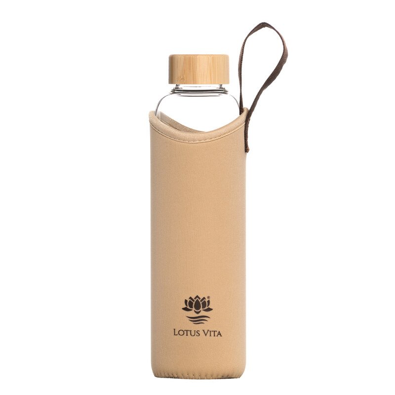 Glas-Trinkflasche 710 ml mit Neoprenhülle creme/braun - Lotus Vita