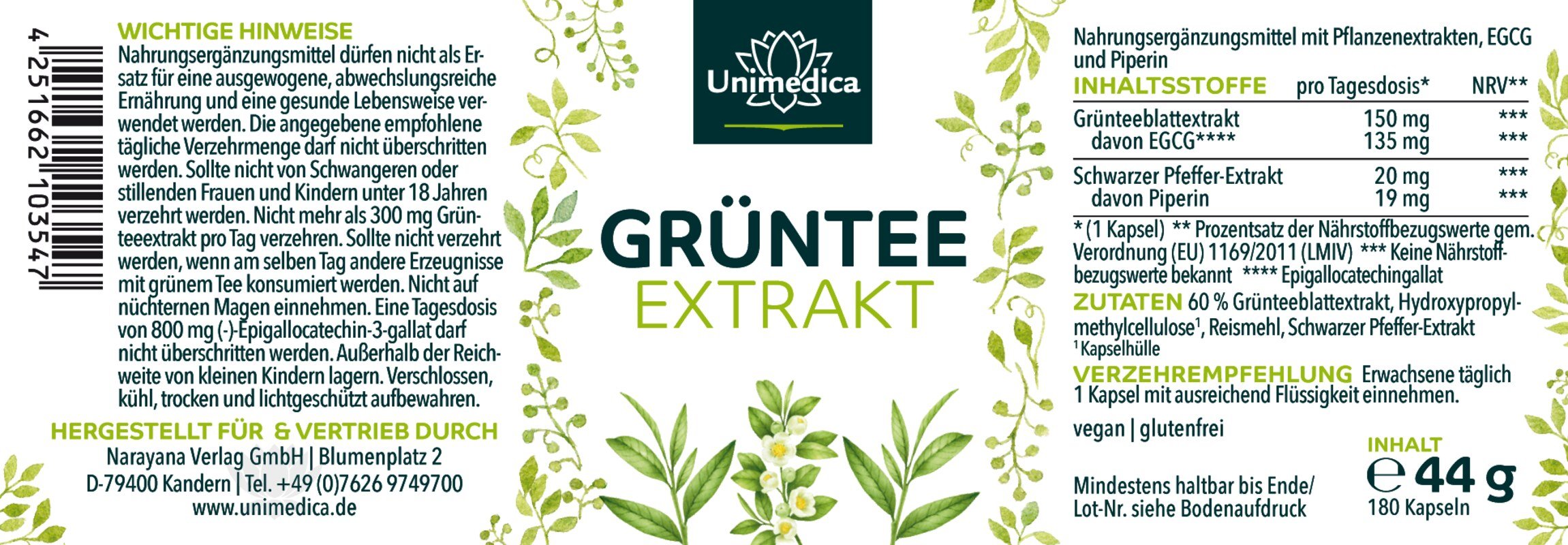 Grüntee Extrakt - hochdosiert - 180 Kapseln - von Unimedica