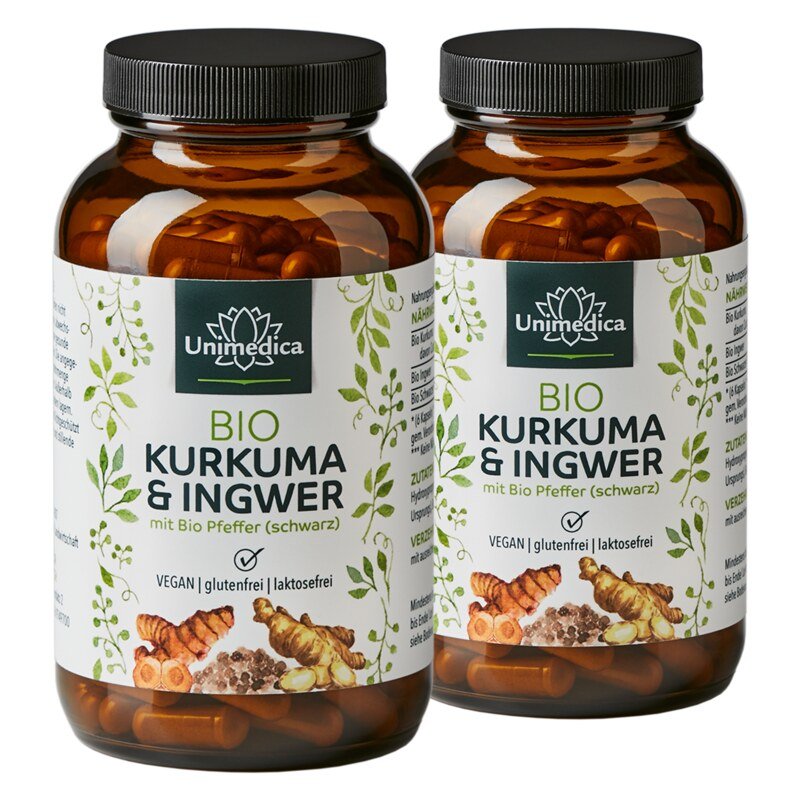 2er-Sparset: Bio Kurkuma & Ingwer mit Bio Pfeffer (schwarz) - 2 x 180 Kapseln - von Unimedica