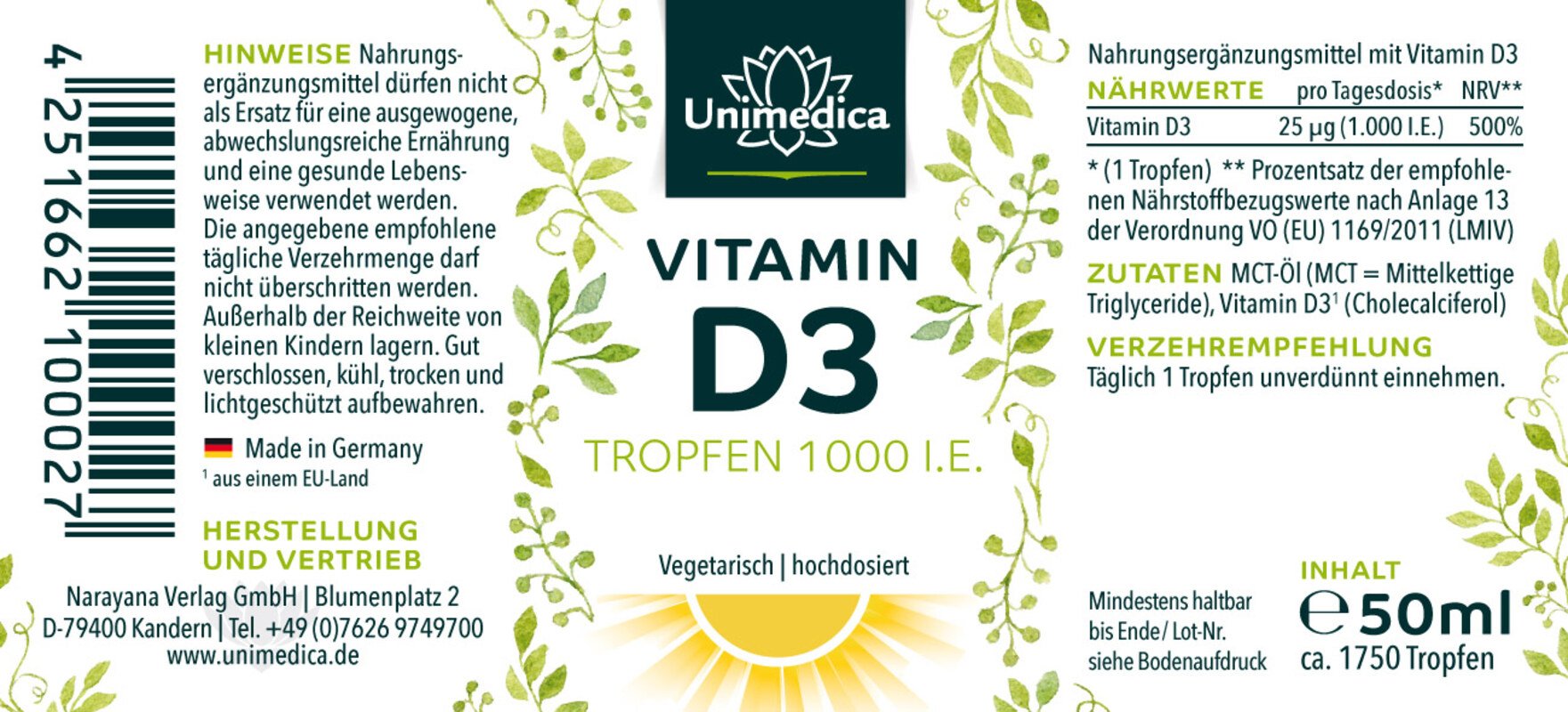 3er-Sparset: Vitamin D3 Tropfen - 1000 IE/25µg 50 ml - 3 x 50 ml - von Unimedica