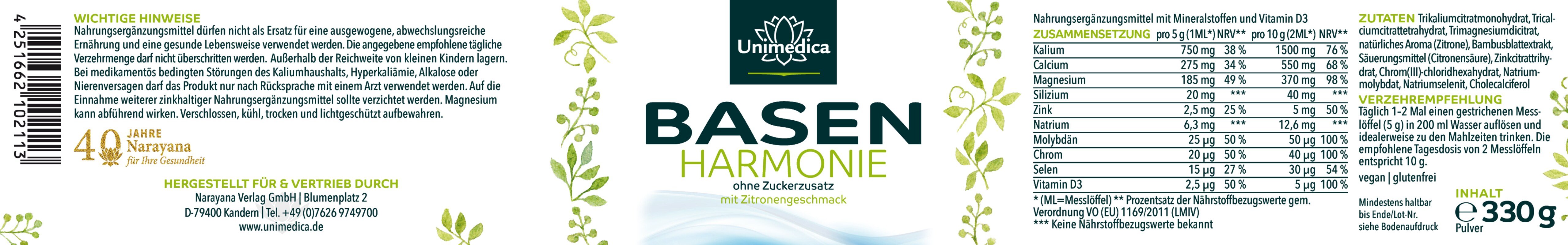 Basen Pulver - mit Mineralstoffen und Zitronengeschmack - 330 g - von Unimedica