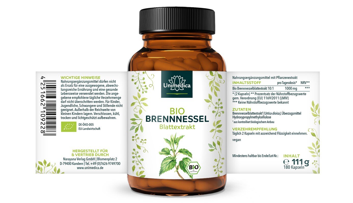 Bio Brennnessel - 10:1 Brennnesselblattextrakt - 1.000 mg pro Tagesdosis (2 Kapseln) - 180 Kapseln - von Unimedica