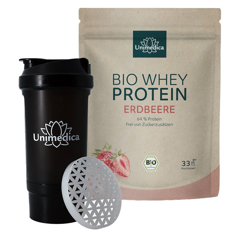Starter-Set: Bio Whey Protein - Erdbeere - 64 % Protein - 1 kg + Unimedica Protein Shaker - 500 ml - von Unimedica