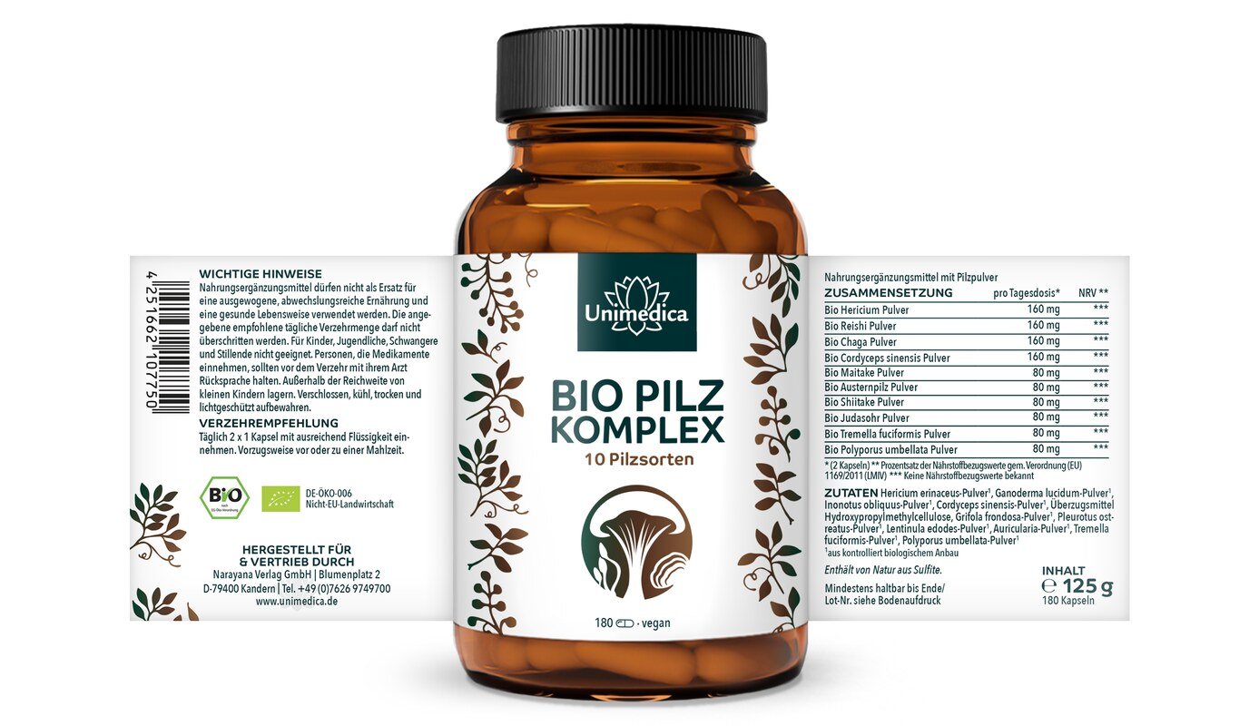 2er-Sparset: Bio Pilz Komplex - mit 10 Pilzsorten - u.a. Cordyceps, Shiitake, Reishi, Löwenmähne, Chaga, Hericium - 2 x 180 Kapseln - von Unimedica