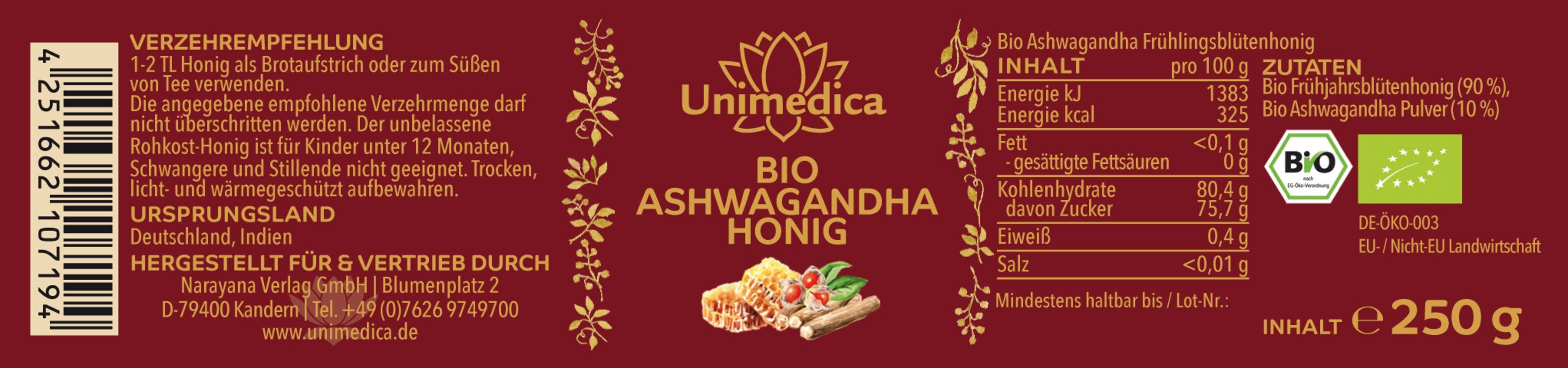 Bio Ashwagandha Honig - Frühjahrsblütenhonig - cremig - aus Deutschland - 250 g - von Unimedica