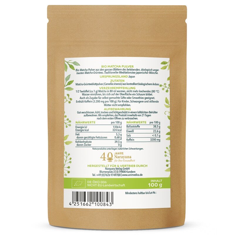 Bio Matcha Pulver - japanischer Grüntee für Latte, Shakes & zum Backen - 100 g - von Unimedica