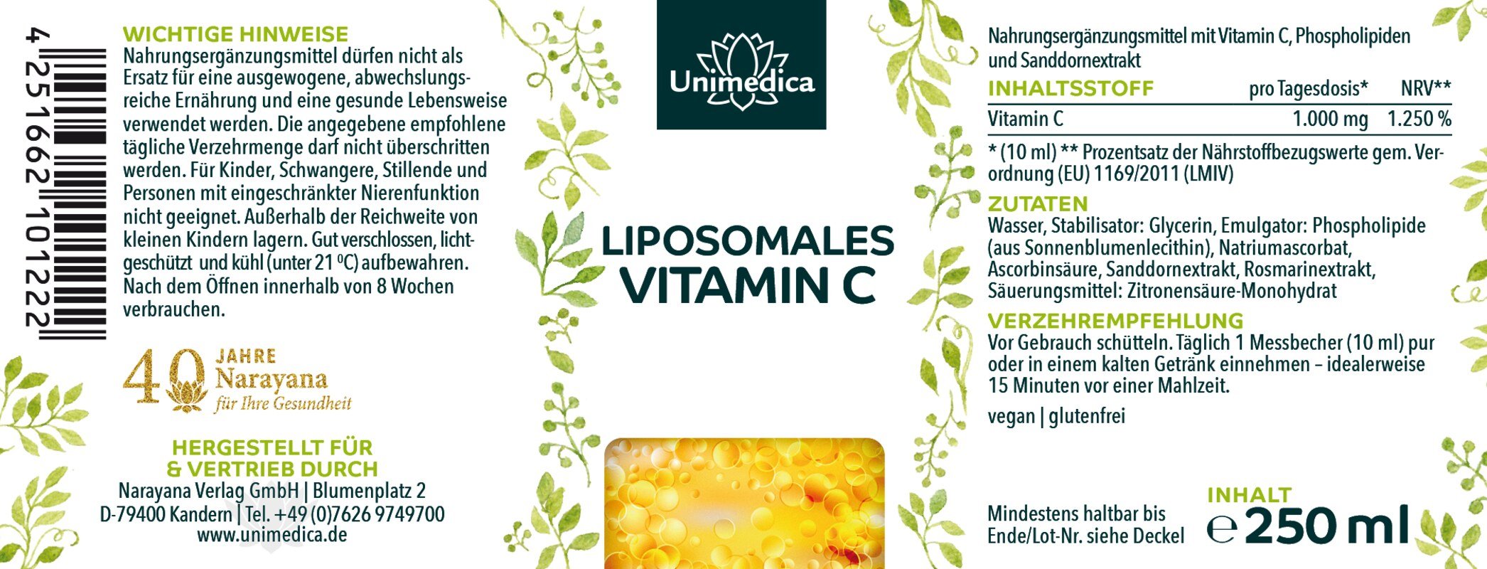 Liposomales Vitamin C - 1.000 mg pro Tagesdosis (10 ml) - 250 ml - von Unimedica