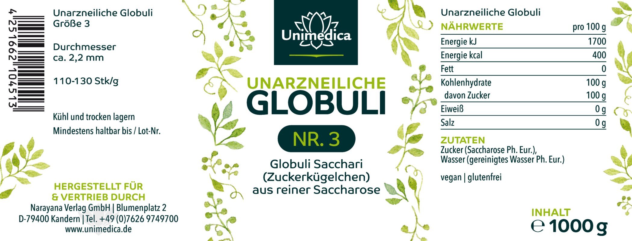 Unarzneiliche Globuli Nr.3 - Globuli Sacchari (Zuckerkügelchen) aus reiner Saccharose - 1000 g - von Unimedica
