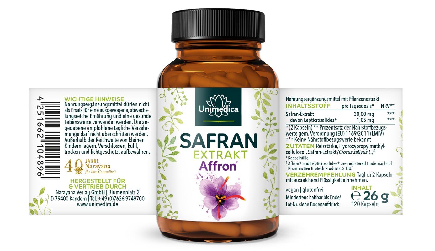 Safran Kapseln - mit 30 mg Affron® Safran-Extrakt pro Tagesdosis (2 Kapseln) - 3,5 % Lepticrosalide - 120 Kapseln - von Unimedica