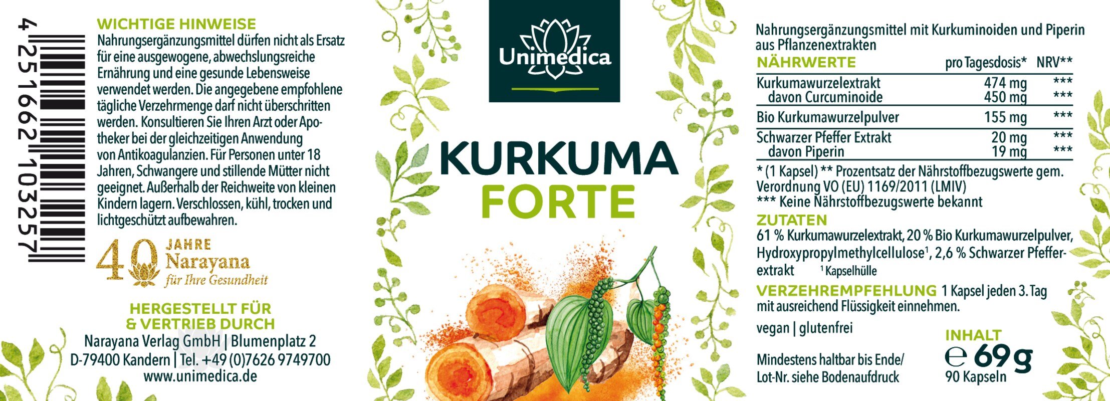 Kurkuma FORTE - mit schwarzem Pfeffer - 90 Kapseln - von Unimedica