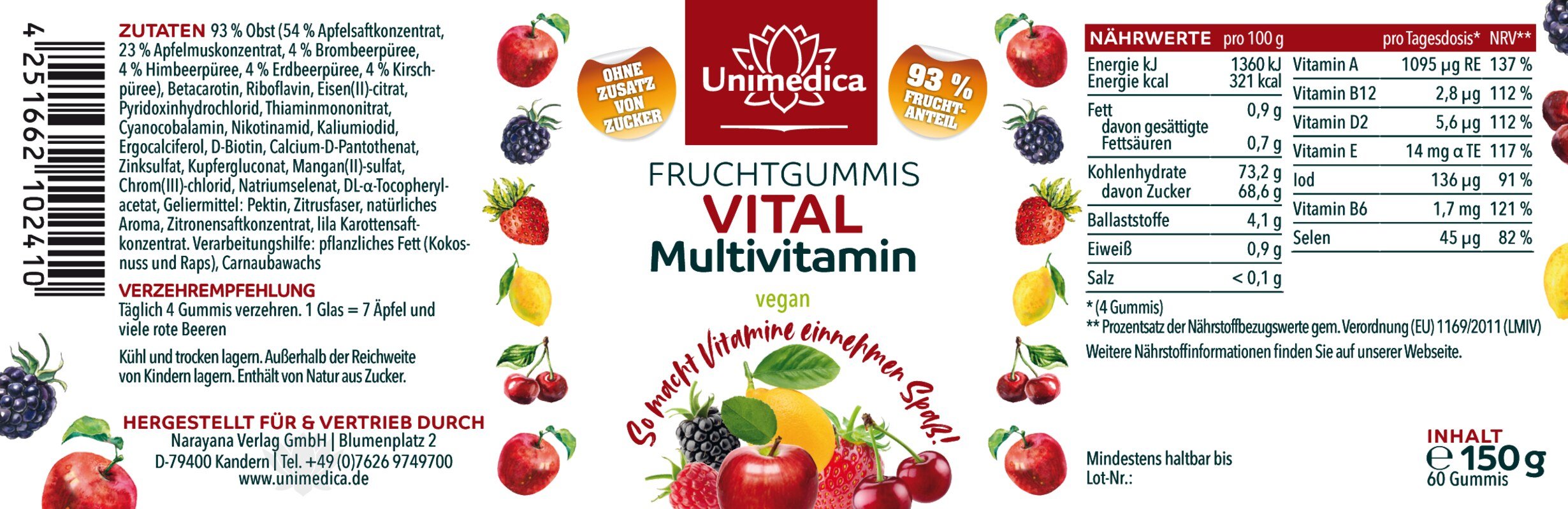 2er-Sparset: Vital - Multivitamin - Fruchtgummis - vegan - 2 x 60 Gummis - von Unimedica