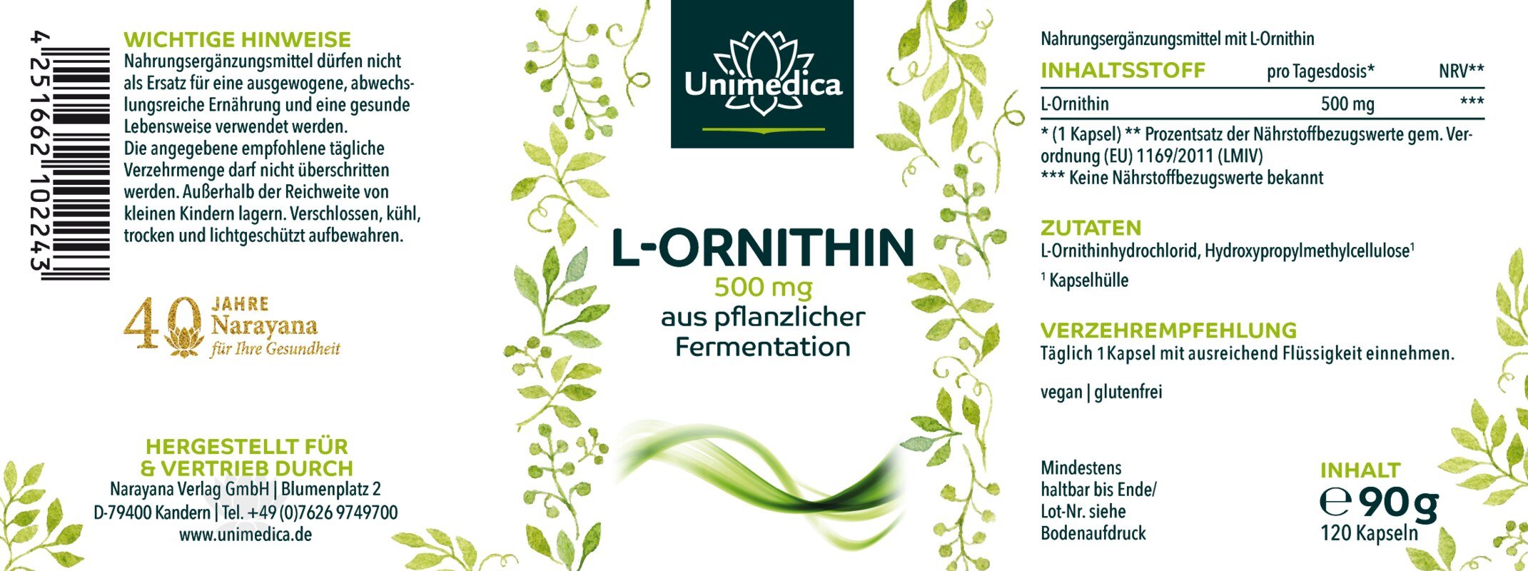 L-Ornithin - Aminosäure - 500 mg pro Tagesdosis (1 Kapsel) - 120 Kapseln - von Unimedica