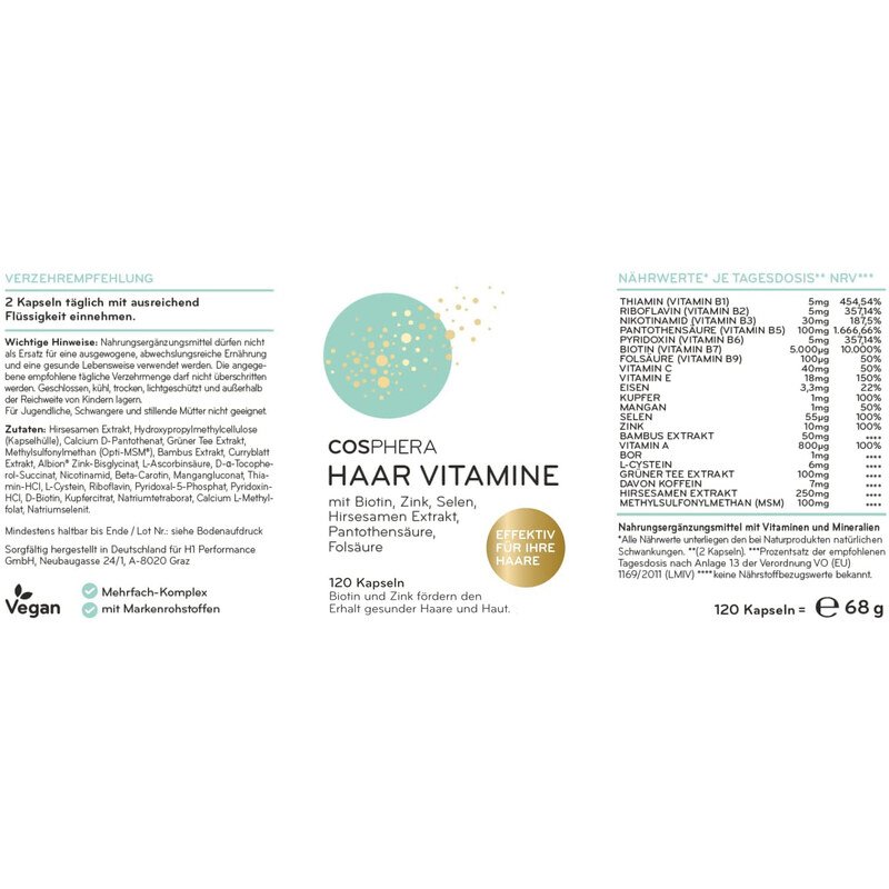 Haar Vitamine von Cosphera - Hochdosiert - 120 vegane Kapseln