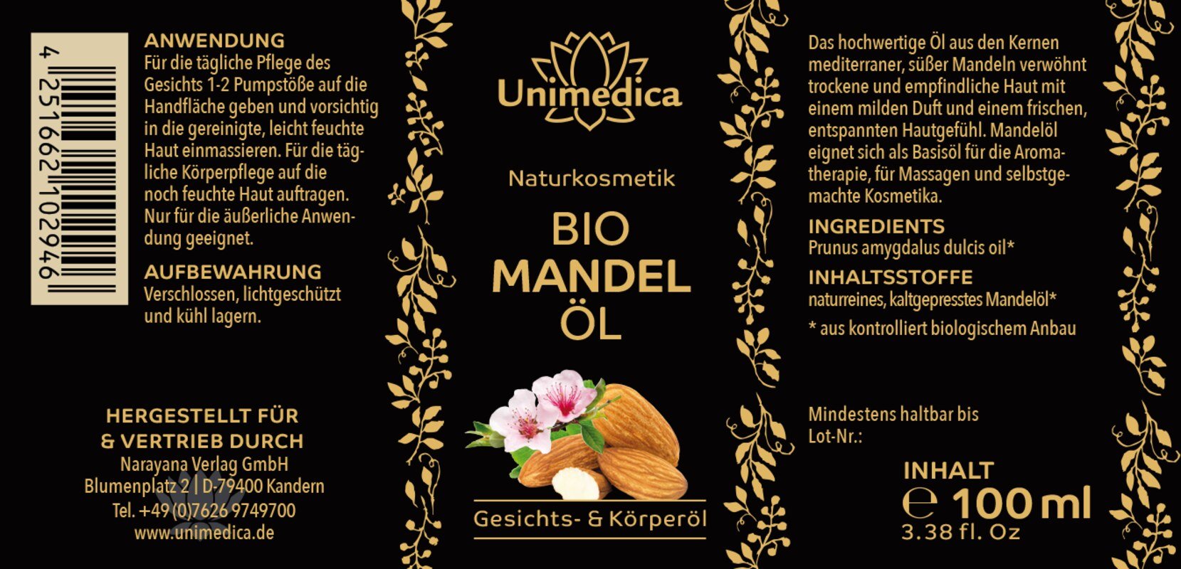 2er-Sparset: Bio Mandelöl - Gesichts- und Körperöl - 2 x 100 ml - von Unimedica