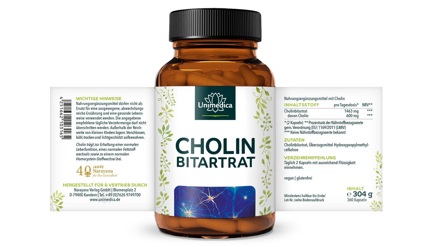 Cholin Bitartrat - 600 mg Cholin pro Tagesdosis (2 Kapseln) - 360 Kapseln - von Unimedica