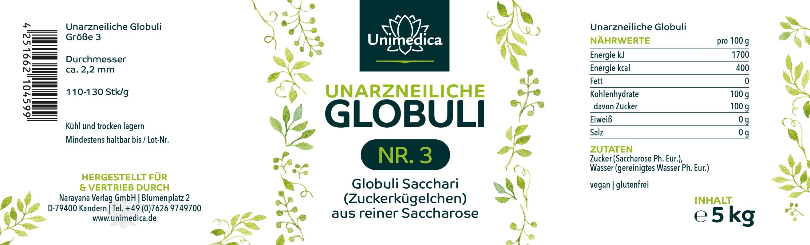 Unarzneiliche Globuli Nr.3 - Globuli Sacchari (Zuckerkügelchen) aus reiner Saccharose - 5 kg - von Unimedica