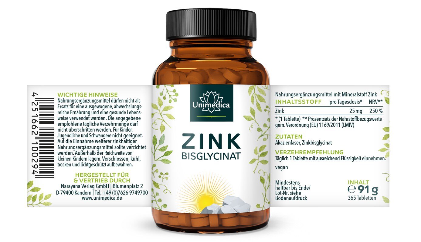 Zink Bisglycinat - 25 mg pro Tagesdosis (1 Tablette) - hochdosiert - 365 Tabletten - von Unimedica