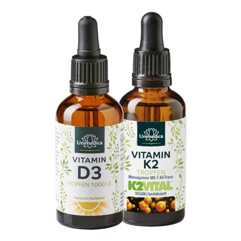 2er-Sparset: Vitamin D3 Tropfen - 1000 I.E. / 25 µg pro Tagesdosis  - 50 ml - UND Vitamin K2 Tropfen - K2Vital - 200 µg pro Tagesdosis (10 Tropfen) - MK7 All-trans - aus Norwegen - hochdosiert - 50 ml - von Unimedica