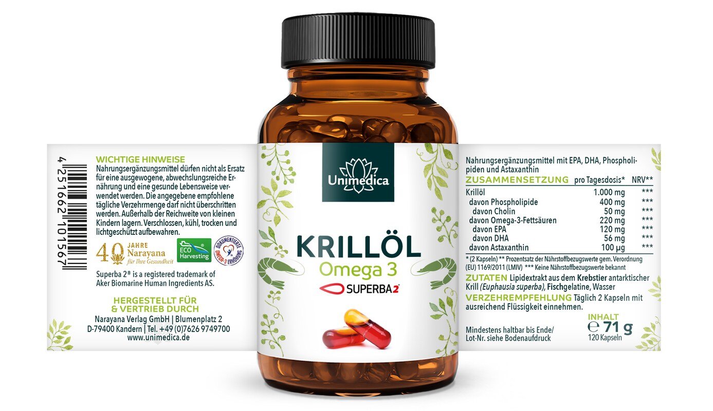 2er-Sparset: Krillöl SUPERBA 2™ - reich an Omega-3-Fettsäuren EPA + DHA - 1.000 mg Krillöl pro Tagesdosis (2 Kapseln) - 2 x 120 Hartgelkapseln (Licaps®) - von Unimedica - Topangebot