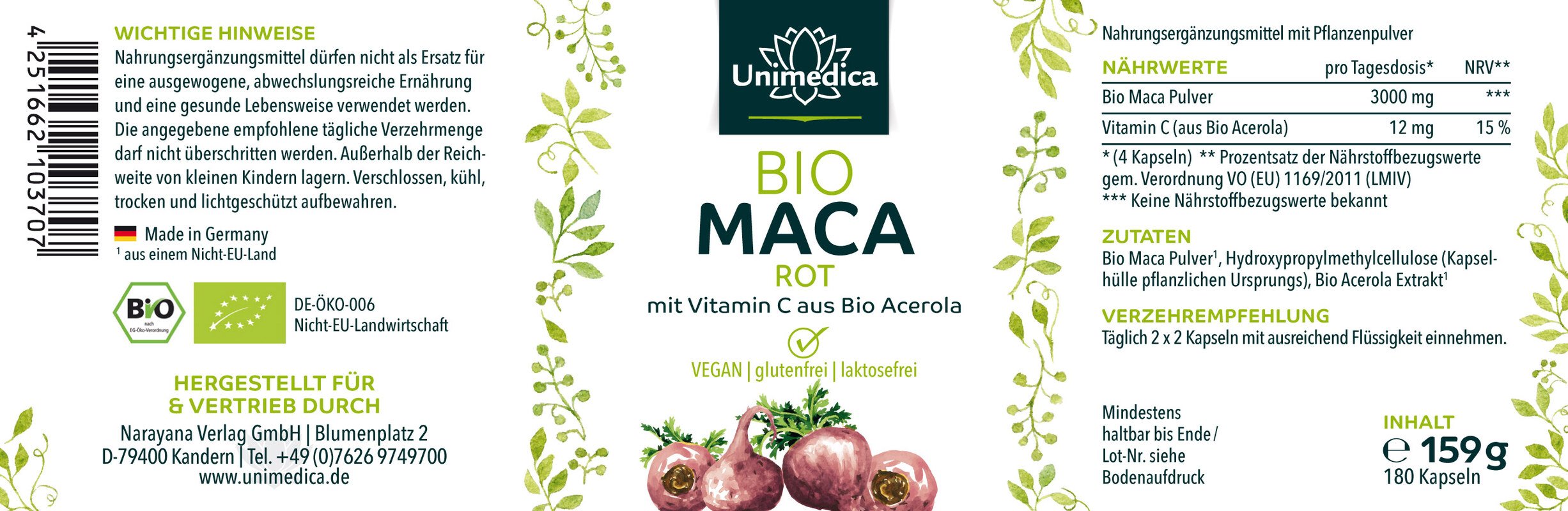 2er-Sparset: Bio Maca Rot - 3.000 mg pro Tagesdosis (4 Kapseln) - plus Vitamin C aus Bio Acerola - 2 x 180 Kapseln - von Unimedica