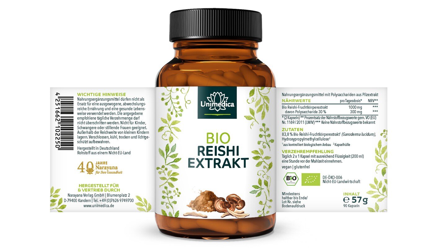 2er-Sparset: Bio Reishi Extrakt - 1.000 mg pro Tagesdosis (2 Kapseln) - Extrakt mit 30 % Polysacchariden - aus Wasserextraktion - 2 x 90 Kapseln - von Unimedica