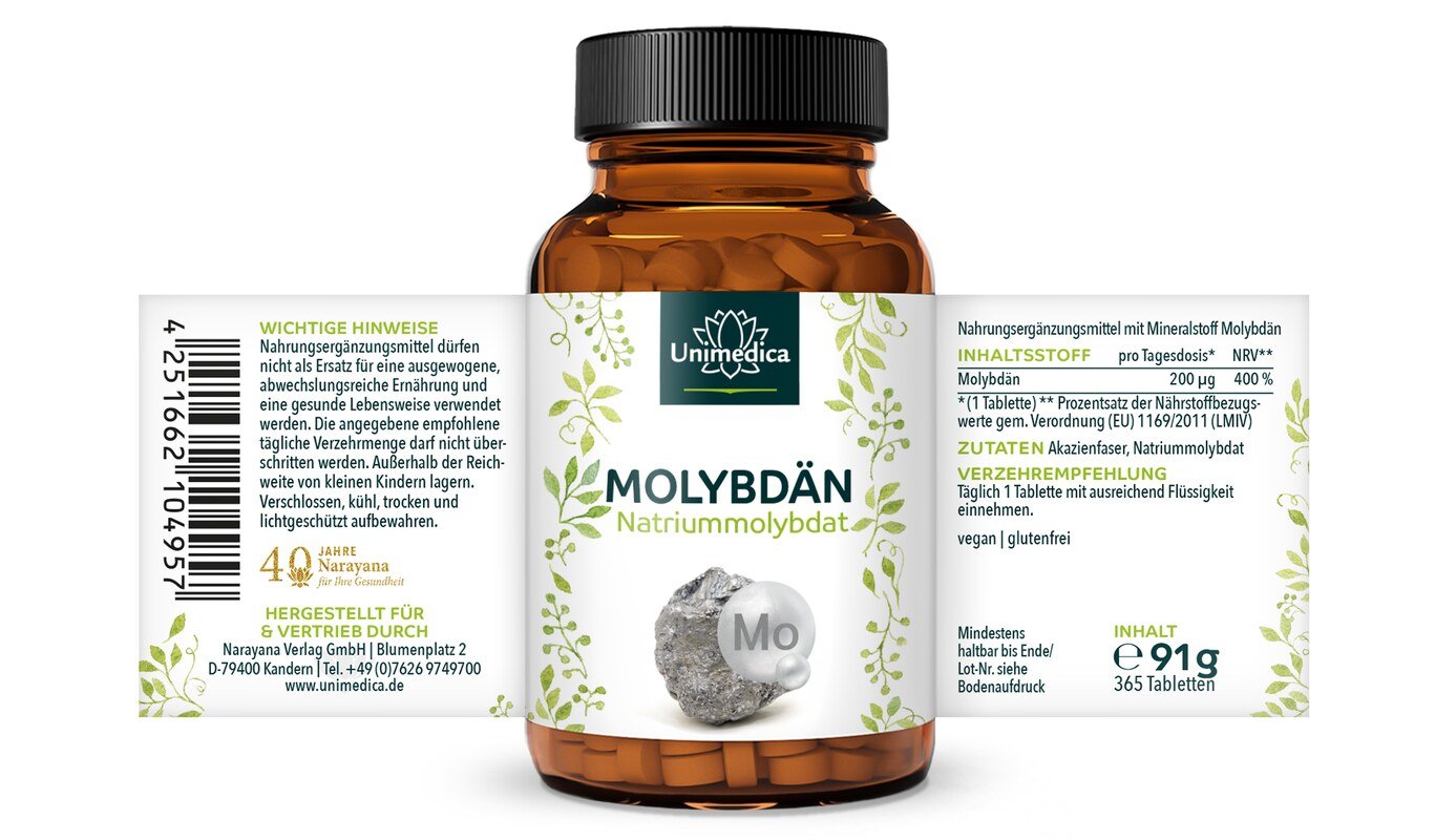 Molybdän - hochdosiert - 200 µg pro Tagesdosis (1 Tablette) - 365 Tabletten - von Unimedica