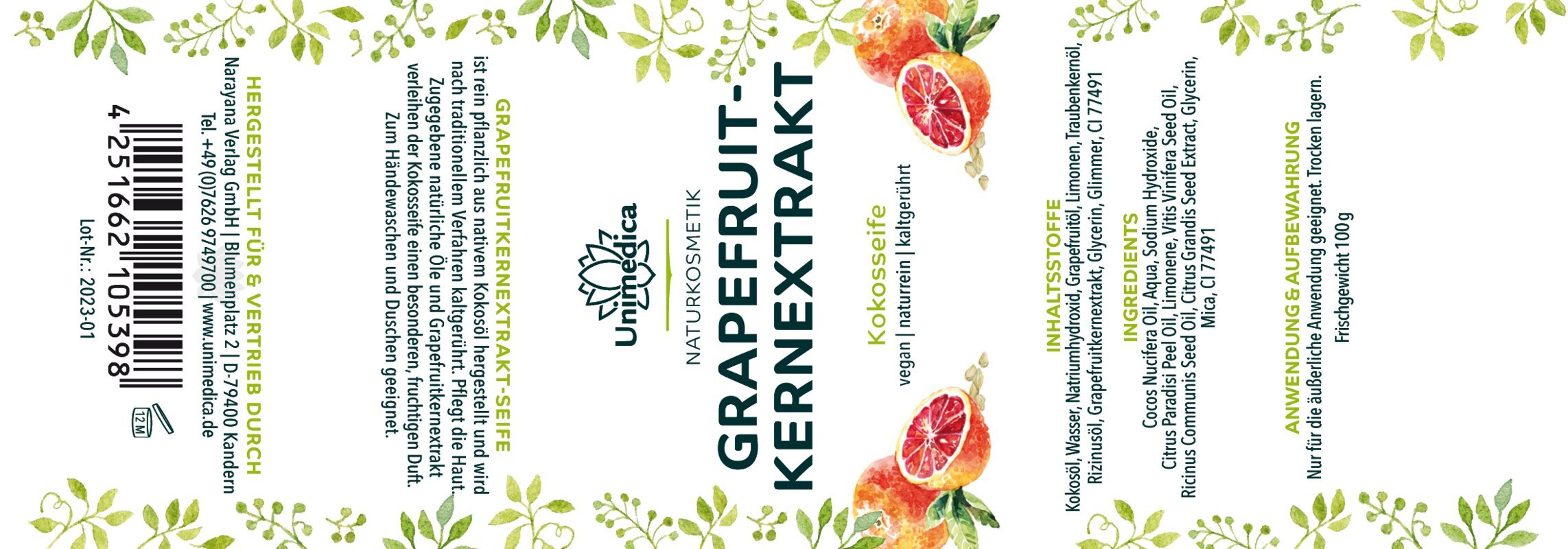 2er-Sparset: Grapefruitkern Seife - Grapefruitkernextrakt-Kokosseife - naturrein und kaltgerührt - 2 x 100 g - von Unimedica
