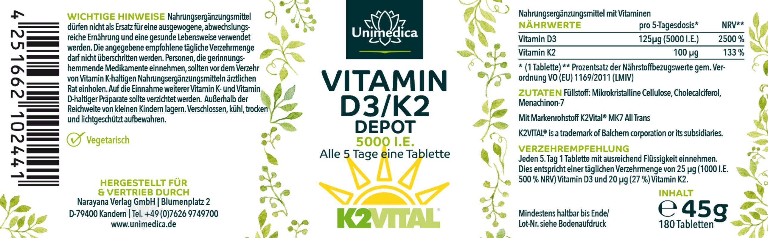 Sparset: Vitamin A Tropfen - 1.500 µg / 5.000 I.E pro Tagesdosis - hochdosiert - 50 ml UND - Vitamin D3/K2 5000 I.E. - 125 µg D3 und 100 µg K2 - 180 Tabletten - von Unimedica