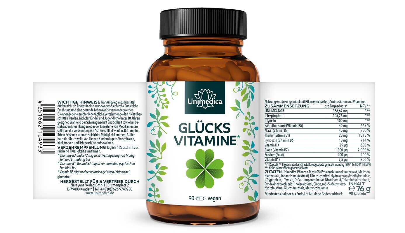 Glücksvitamine* - Komplex mit Johanniskraut, Passionsblume, Tryptophan und Tyrosin - 90 Kapseln - von Unimedica