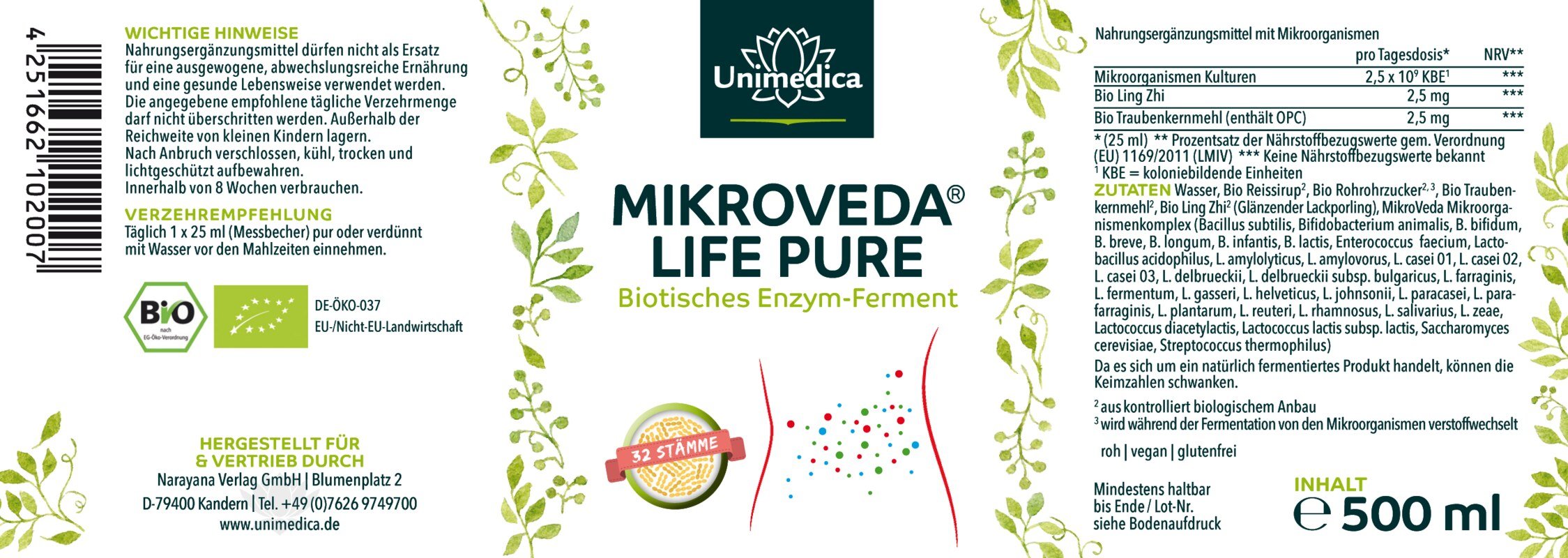 MikroVeda (R) Life Pure - Biotisches Enzym-Ferment - Bioqualität - 32 Bakterienstämme - lebendiger Mikroorganismenkomplex - natürlich symbiotisiert - 500 ml - von Unimedica