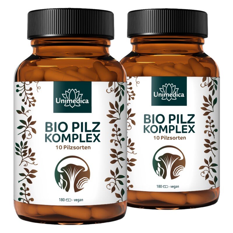 2er-Sparset: Bio Pilz Komplex - mit 10 Pilzsorten - u.a. Cordyceps, Shiitake, Reishi, Löwenmähne, Chaga, Hericium - 2 x 180 Kapseln - von Unimedica
