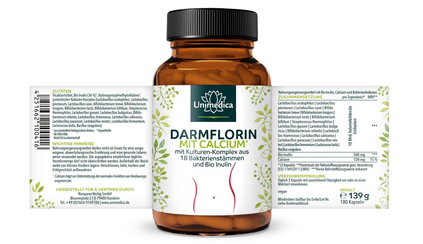 2er Sparset: Darmflorin mit Calcium* - mit Kulturen-Komplex aus 17 Bakterienstämmen und Bio Inulin - 2 x 180 Kapseln - von Unimedica