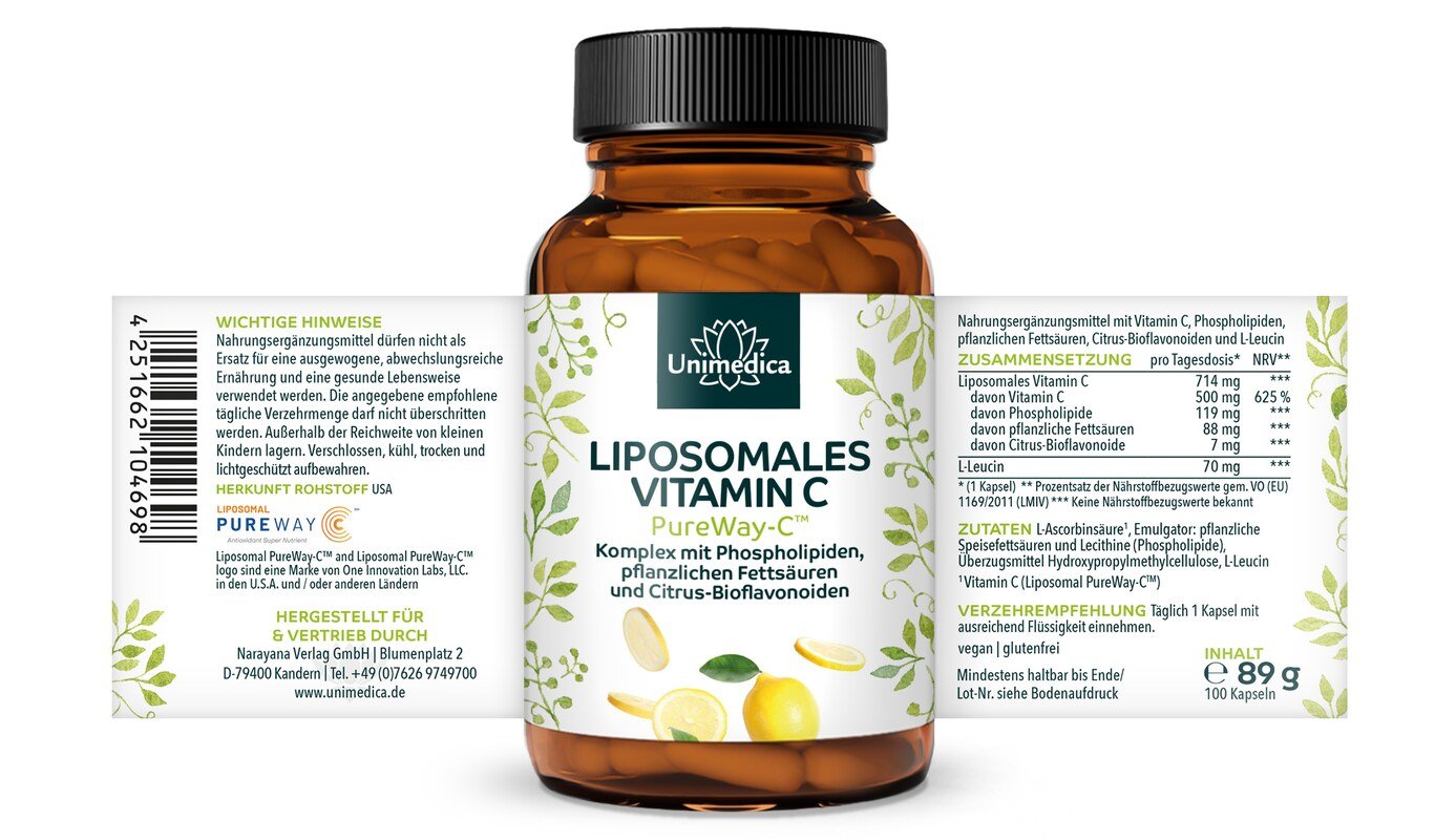 Liposomales Vitamin C - PureWay-C™ - 500 mg Vitamin C pro Tagesdosis (1 Kapsel) - 100 Kapseln - von Unimedica