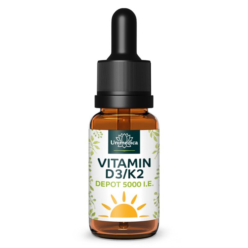 Vitamin D3 / K2 5000 I.E. - DEPOT - K2VITAL® - 125 µg D3 und 100 µg K2 pro 5-Tagesdosis (1 Tropfen) - 10 ml - von Unimedica